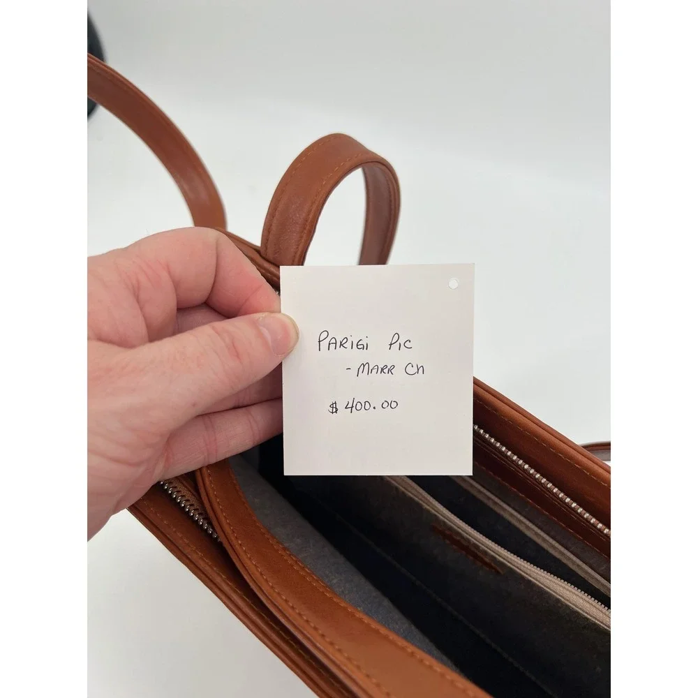 Vintage INDE Cognac Brown Leather Trapezoid Shoulder Bag Minimalist Tote 90s Y2K